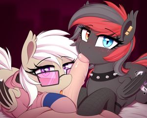 All on one - Double blowjob - Male POV - Anthro female and human male - My Little Pony - Artist: Thebatfang