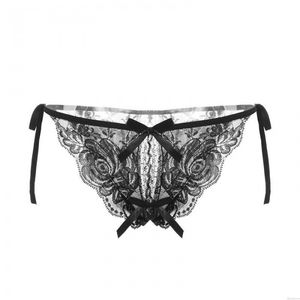 Sexy fleur dentelle nœud papillon sans entrejambe sangle taille basse t-back Lingerie slips culottes femmes sous-vêtements string Invisible Lanière