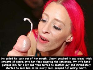 Cherri aims a thick stream of cum on to her face