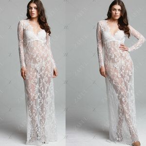 Deep V Flower Lace Mesh See Through Long Sleeve Maxi Nightdress Wedding Bathrobe