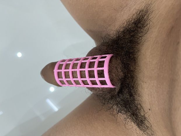 Hairy penis strapped by pink hair roller!!