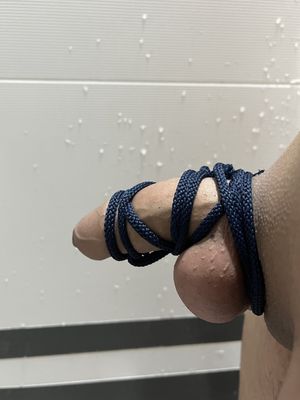 Short penis strapped using shoelace!!