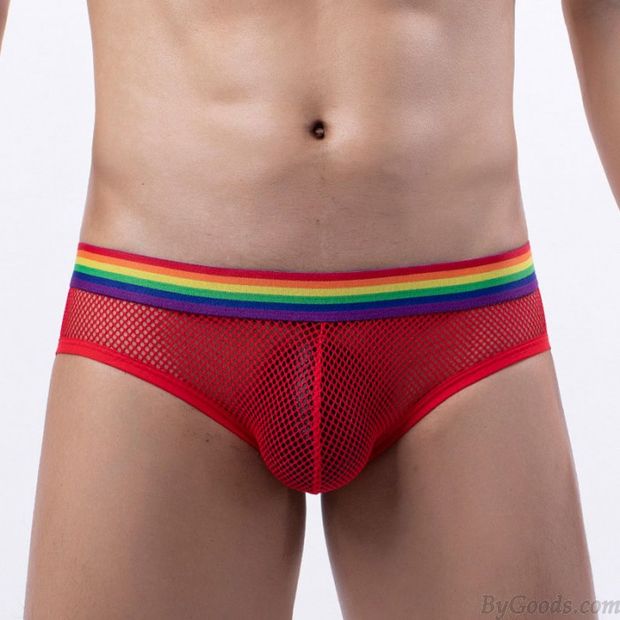 Sexy Fishnet Hollow Mesh Thong Underpants Rainbow Waistband Underwear Panties Mens G-String Lingerie Briefs