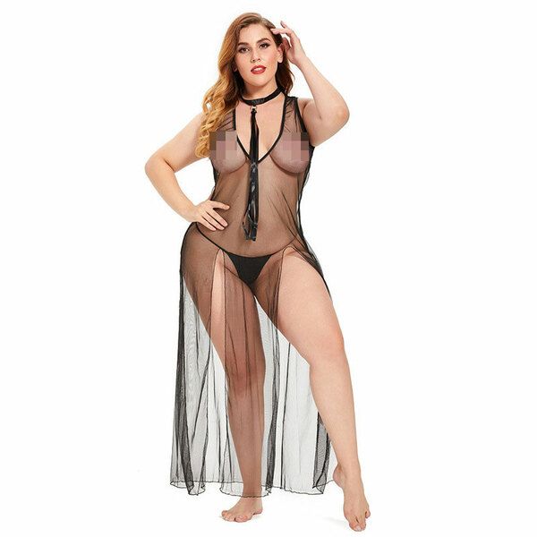 Sexy Plus Size Sheer Thin Mesh Babydoll Nightgown See Through Side Slit Wedding Bathrobe