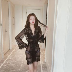 Sexy Lace Kimono Robe Swimsuit Bathrobe Gown See Through Lingerie Chemise