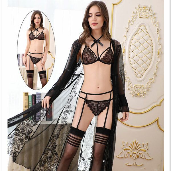 Sexy Lace Mesh Bra Panty Long Sleeve Nightgown Maxi Nightdress Robe
