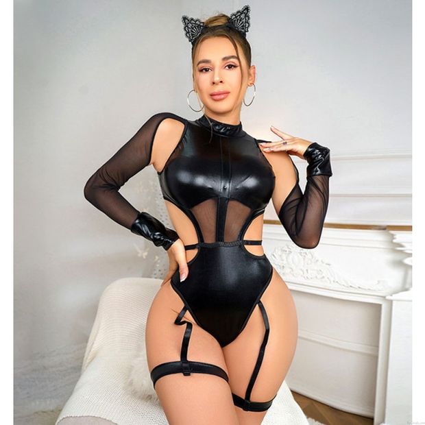 Sexy cuero de imitación Empalme Malla Manga larga Liguero Osito de peluche Corsé Mono de leotardo Clubwear Flaco Body De las mujeres Lencería