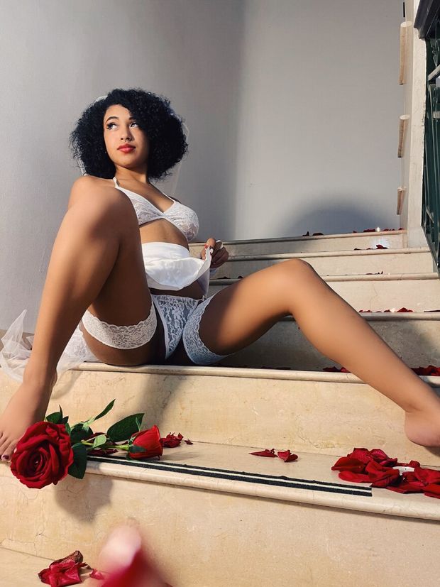 Sexy ebony queen in white lingerie