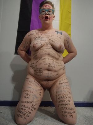 covered in degrading bodywriting