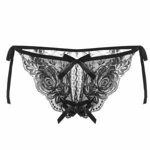 Sexy Flower Lace Bowknot Crotchless Strap Briefs Panties
