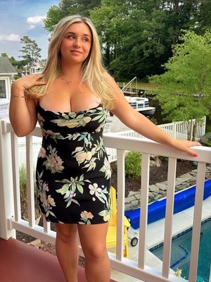 Kate big boobs black flower dress porch