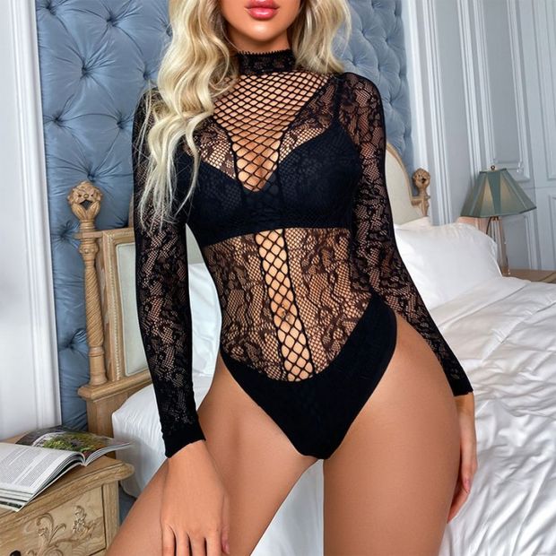 Sexy Mallas Flor Encaje Malla Manga larga Teddy Corsé Leotardo Mono Flaco Body de mujer Lencería