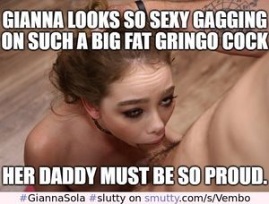 Slutty lil teen Black Cock Spic pornslut Gianna Sola gagging on gringo cock captioned