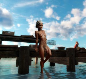 Fit Far Cry 6 futa relaxing by the pier.