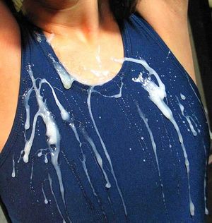 CUMDRIPPING SPERM SHOWER BUKKAKE ON BLUE SWIMSUIT