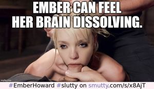 Slutty lil teenslut gagslave Ember Howard's eyes roll as she throats a BWC in threesome captioned