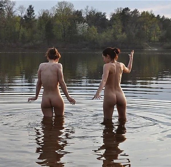 Cool babes bathing outdoors