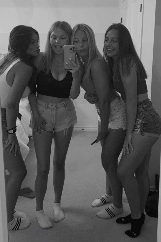 Kya & friends busty mirror selfie black & white