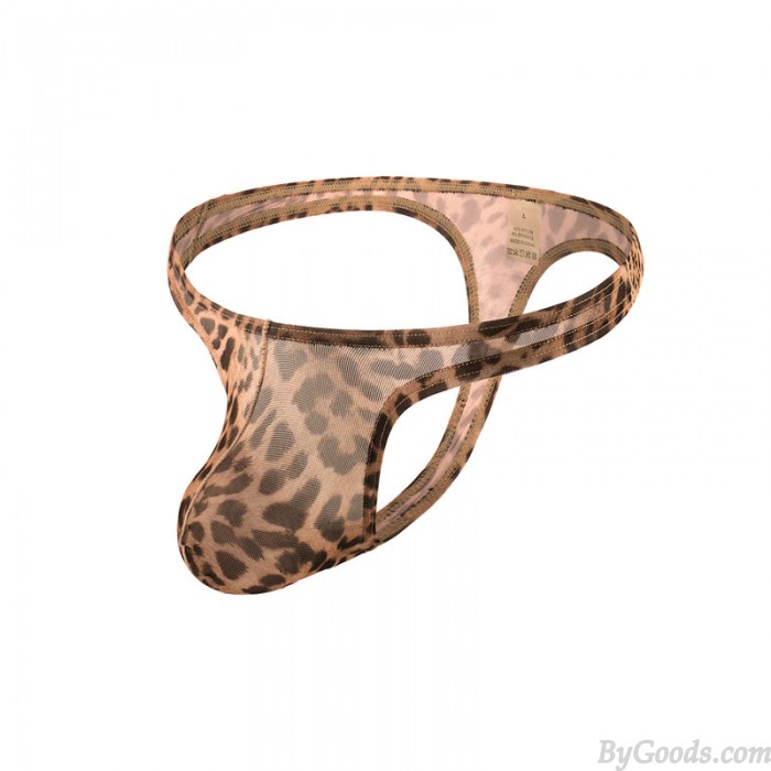 Sexy mince maille transparente léopard string taille basse G-String caleçon poche bombée Sissy Lingerie pour hommes sous-vêtements slips