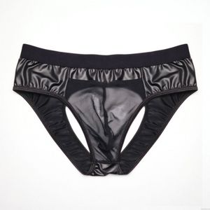 Sexy cuero de imitación Braguitas de tanga sin espalda de malla de empalme Tanga Calzoncillos elásticos Calzoncillos para hombres Ropa interior Marica Lencería
