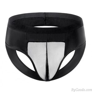Sexy Faux cuir épissure maille dos nu string culotte G-String élastique caleçon hommes slips sous-vêtements Sissy Lingerie