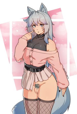 Cute foxgirl wearing a collar and flat cage