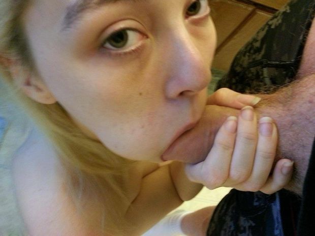 Amateur blond shoving a cock in her mouth for a cheek-bulge