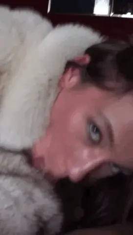 Babe gives blowjob in blue fox fur coat
