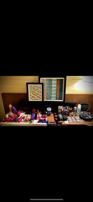 A display of most of our toys we used at our hotel weekend sex marathon.