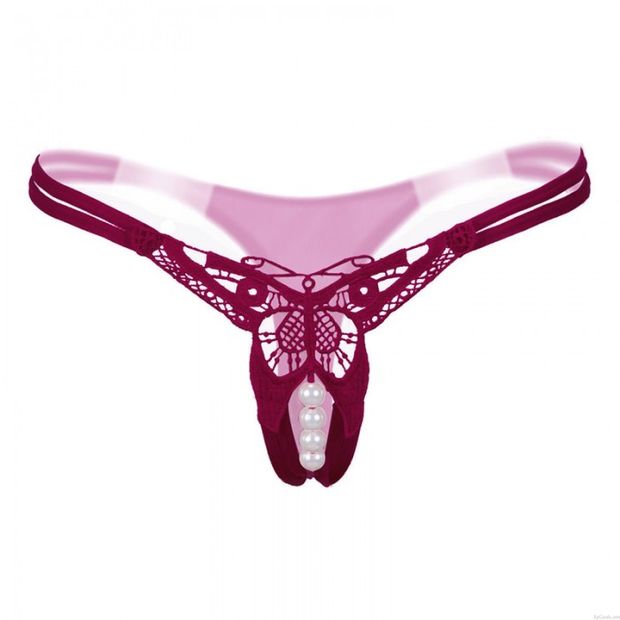 Sexy Broderie Papillon Creux Massage Perle Dos en T Slips Lingerie Femme Culotte Stretch Sous-vêtement Lanière