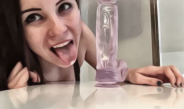 Sis showing her salty teen pussy cream on her tongue after licking it off her dildo