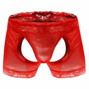 Sexy Hollow Lace Mesh Boxer Briefs Crossdress Waistband Wrestling Lingerie