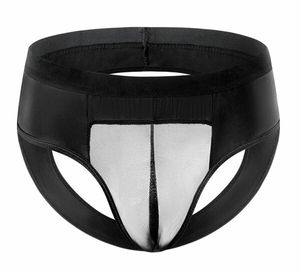 Sexy Faux Leather Splice Mesh Backless Thong Panties Men's Briefs Underwear