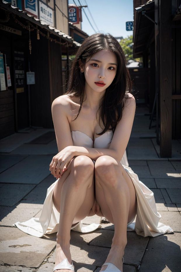 bob cut, brunette, straight hair, earrings, (nude:1.3), swept bangs, (large breasts), the pose, upturned eyes,(full body:1.3),  maste