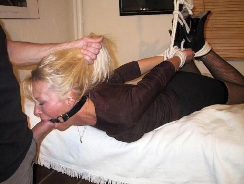 Bound and sucking his friend's cock is her normal