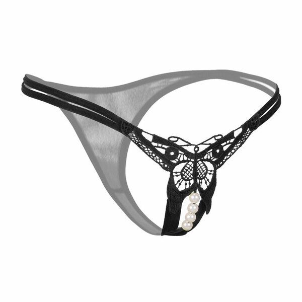 Sexy Hollow Butterfly Embroidery Pearl Massage T-back Briefs Lingerie