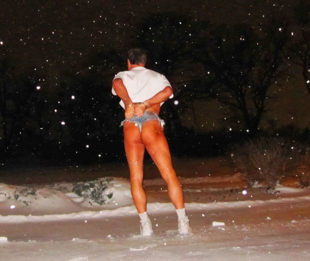 Exhibitionist in a Denim Thong Gets Handcuff Bondage Punishment