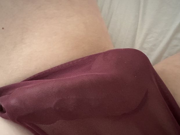 Heavy cock and balls in burgundy sheer panties