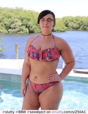 Slutty lil BBW sex object poses in a bikini pool/lakeside