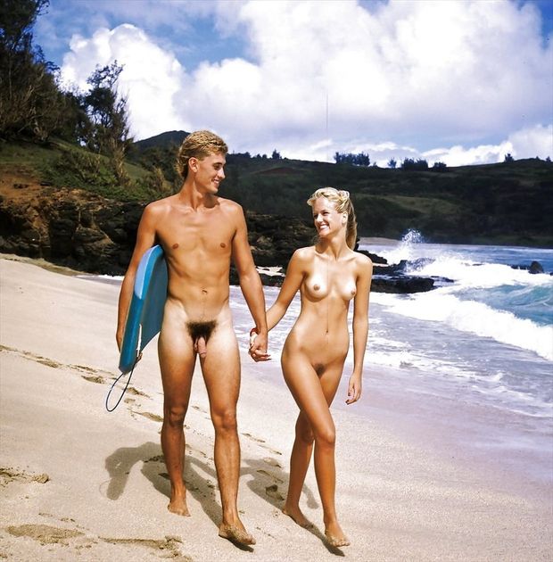 Nude Surf Couple Walks the Beach