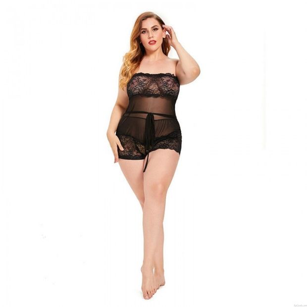 Sexy Übergröße Trägerloses Babydoll aus Mesh-Spitze Transparent Nachtwäsche Nachtwäsche Damen-Nachthemd Hemd Unterwäsche