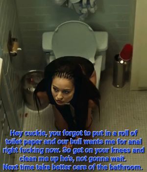 Cuckie forgets toilet paper, wife makes him cleanup.