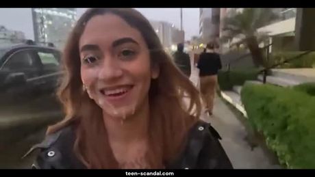 walking around with cum on her face