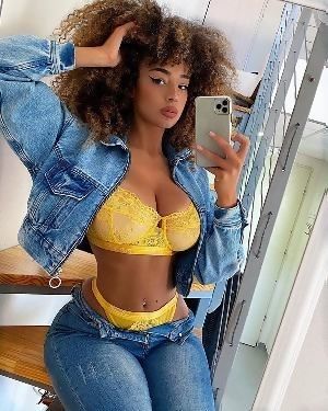 Dana Curly in Yellow bra and panties and jeans