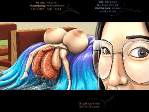 Woman's body inflates and expands while Asian looks on