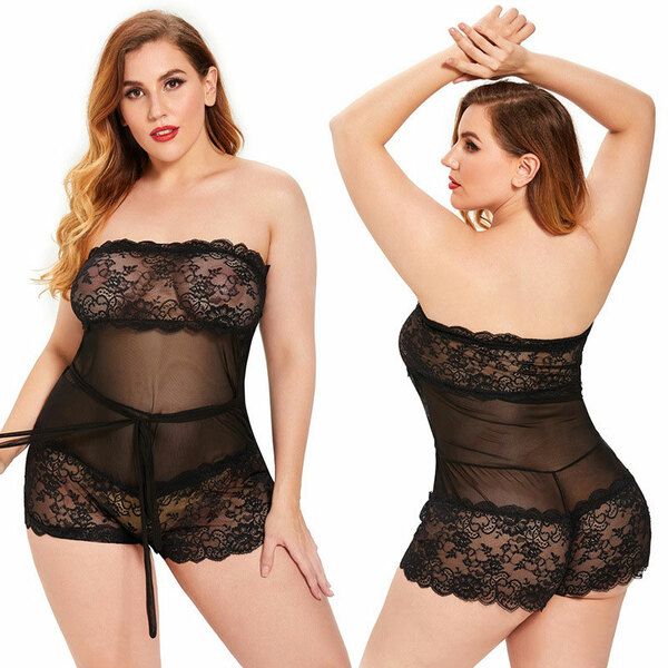Sexy Plus Size Strapless Mesh Transparent Sleepwear Lingerie Nightwear