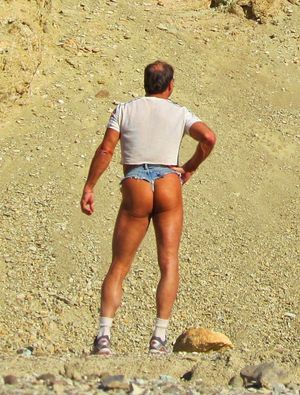 Exhibitionist Hiking the Desert Wearing Way Too Short Cutoff Booty Shorts