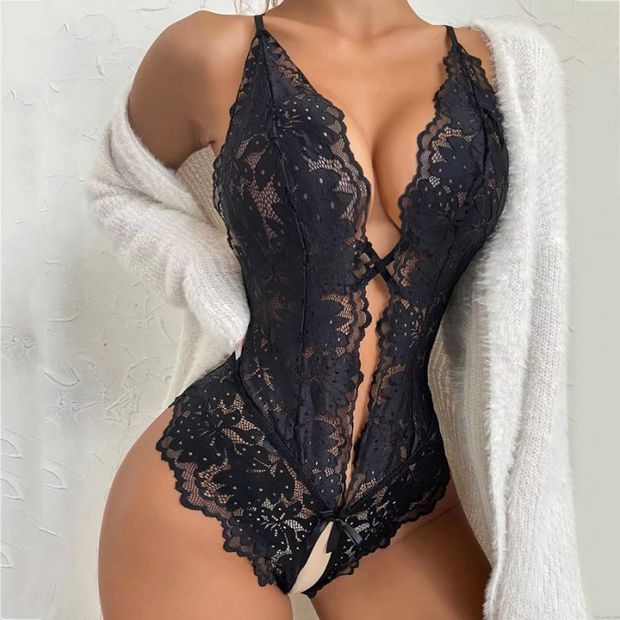 Sexy Encaje de hoja Cabestro Escotado por detrás sin entrepierna Osito de peluche Corsé Leotardo Mono Mono de mujer Medias Lencería
