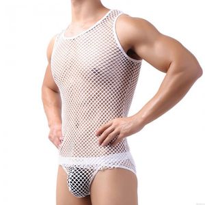 Sexy Justaucorps Transparent Résille Sans Manches Supporteur athletique Débardeurs Chemises Poule mouillée Pour des hommes Lingerie