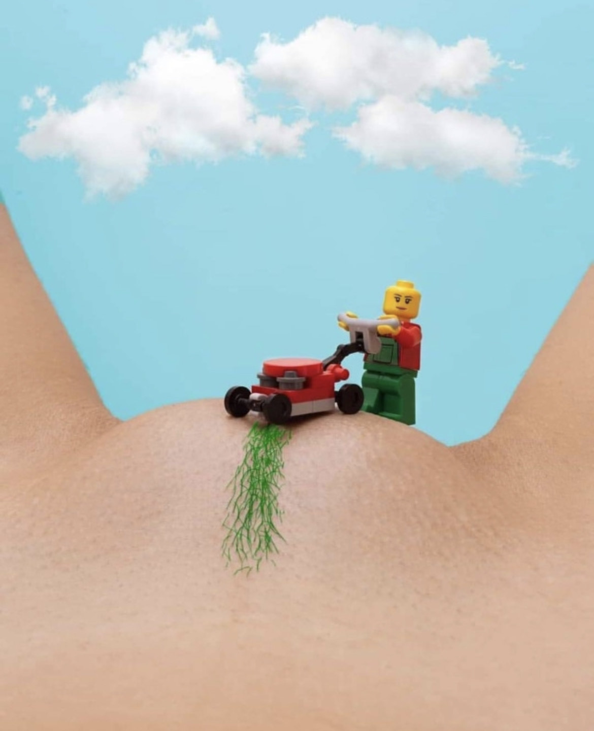 Cutting the grass into a landing strip.